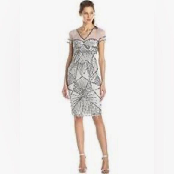 JS Collection V Neck Cap Sleeve Mesh And Embellished Cocktail Dress - Picture 1 of 6